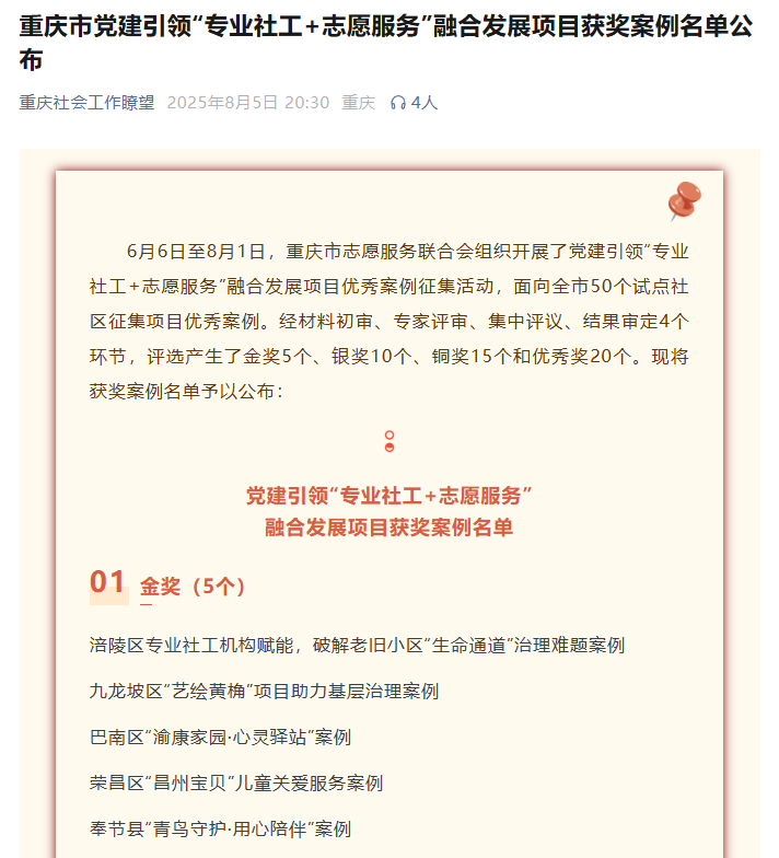 专业社工+志愿服务融合发展项目案例获奖
